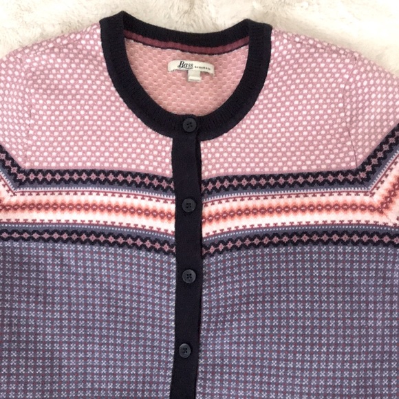 GH Bass Sweater Cardigan Soft Acrylic Medium Pink Navy Blue Patterned - Picture 2 of 6